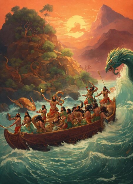 Photo a painting of people in a boat with a dragon on the side of it