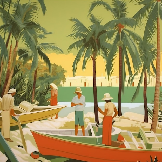 A painting of people in a boat with a palm tree in the background.