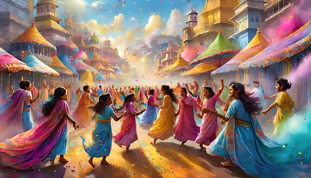 Photo a painting of people dancing in a carnival with a sky background