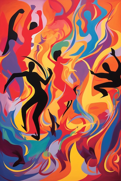 a painting of people dancing in colorful colors