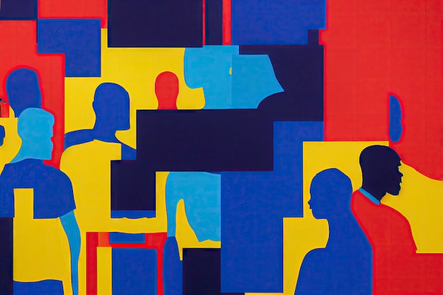 A painting of people in different colors and one of them has a black box in the middle.