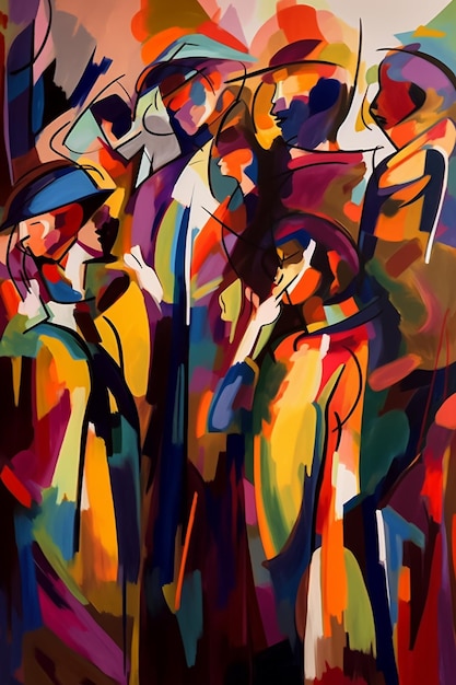 A painting of people in different colors and shapes