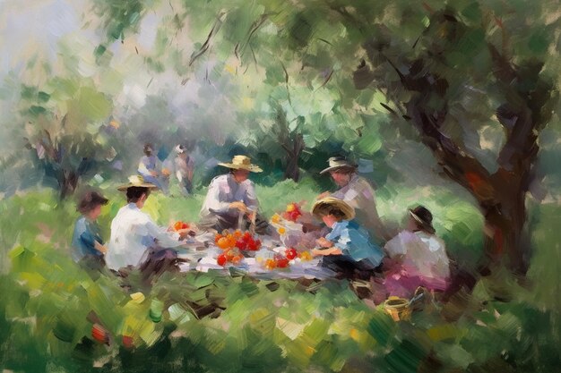 A painting of people eating in a field.