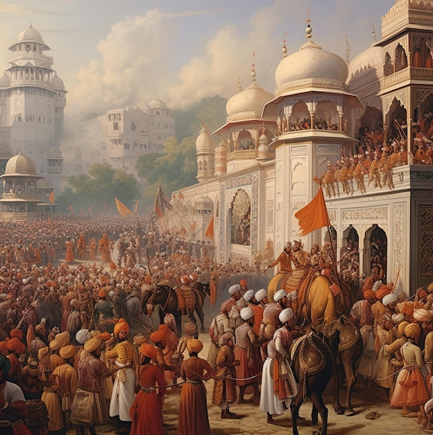 A painting of people in front of a building with a large crowd of people.