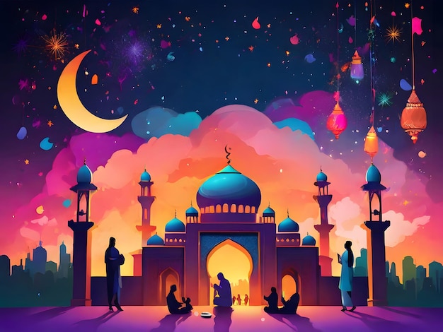 Photo a painting of people in front of a mosque with a moon and stars in the background