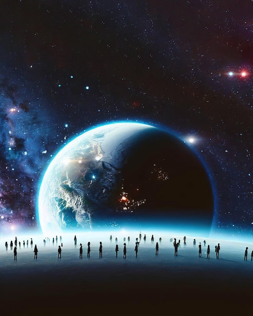 A painting of people looking at the earth with the planet in the background