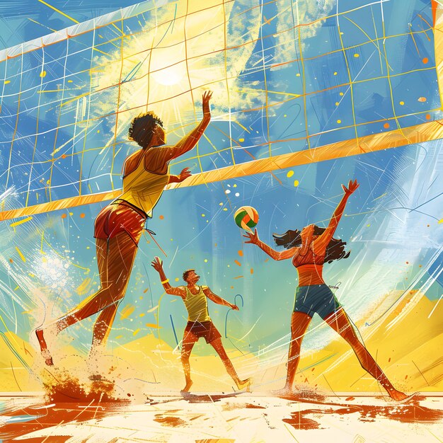 Photo a painting of people playing volleyball with one of them has the word quot soccer quot on it