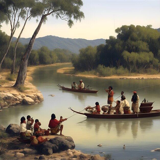 Photo a painting of people on a river with a boat and fishing