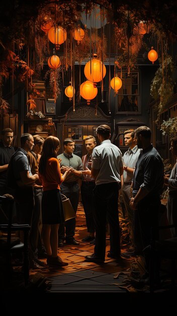 a painting of people in a room with a chandelier and a man in the background