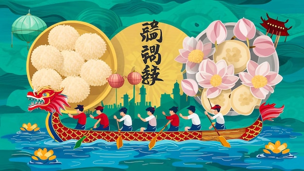 a painting of people rowing a boat with chinese writing on the front