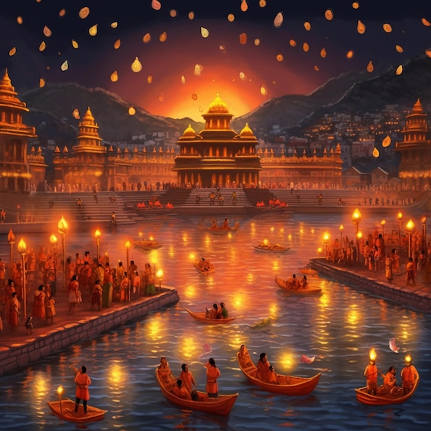 a painting of people rowing boats with the temple in the background.