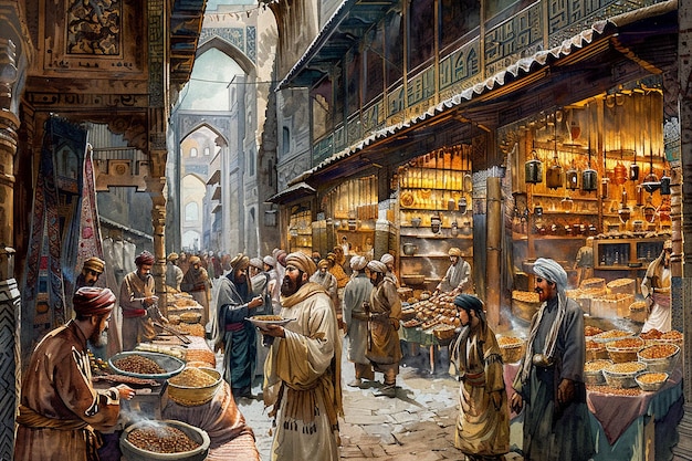 Photo a painting of people selling food in a store