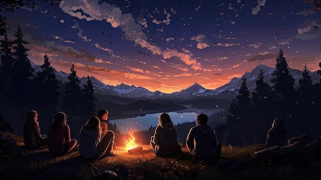 a painting of people sitting around a campfire with mountains in the background.