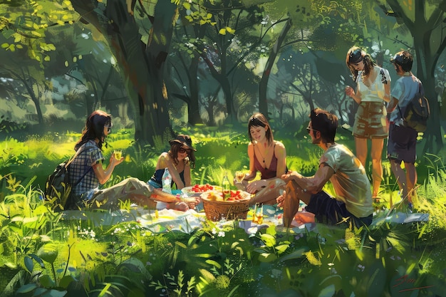 a painting of people sitting around a picnic table with a bowl of tomatoes and a bowl of tomatoes