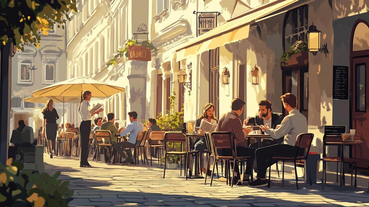 Photo a painting of people sitting outside of a restaurant with a sign that sayscafe