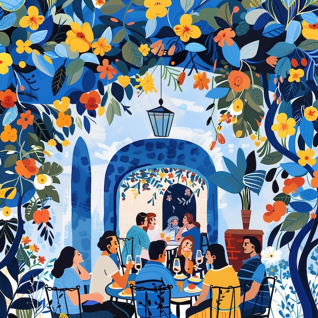 a painting of people sitting at a table with flowers on it
