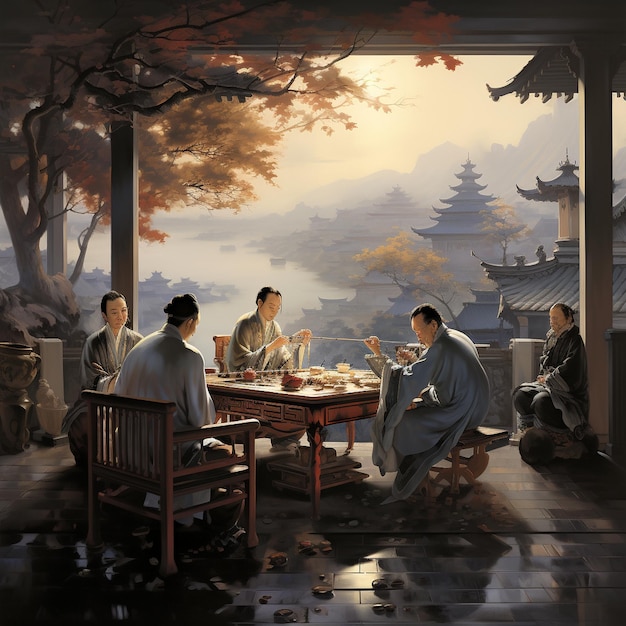 a painting of people sitting at a table with a red chair.