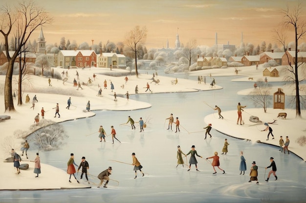 A painting of people skating on ice skating in a winter scene.