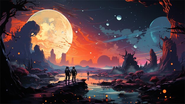 A painting of people standing on a bridge with a full moon in the background.