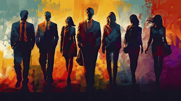 A painting of people standing in front of a colorful background.