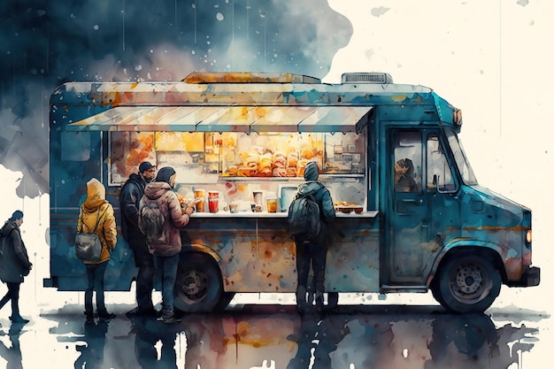 Photo a painting of people standing in front of a food truck