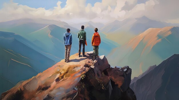 A painting of people standing on a mountain top with mountains in the background