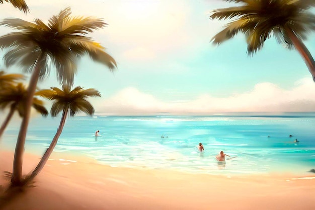 A painting of people swimming in the ocean with palm trees on the beach.