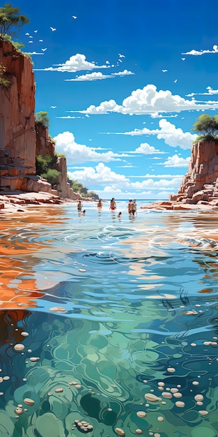 A painting of people swimming in the water with a picture of a rocky cliff and trees