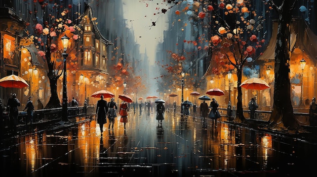 painting people umbrellas autumn rain old town lights