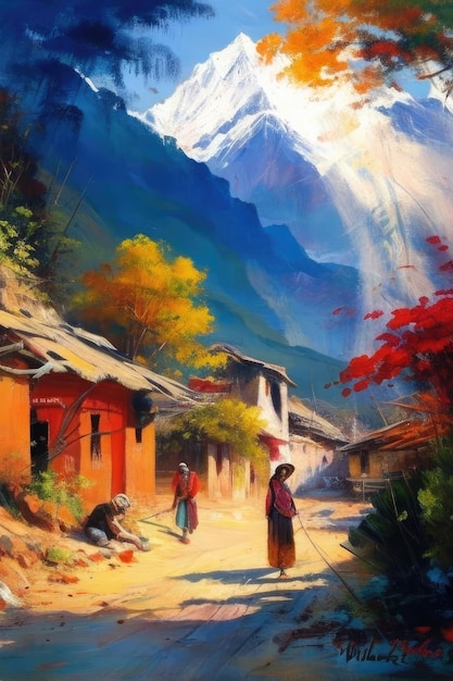 Painting of people in village in Himalayas Nepal