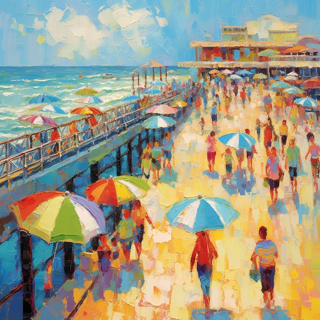 Painting of people walking on a beach with umbrellas generative ai