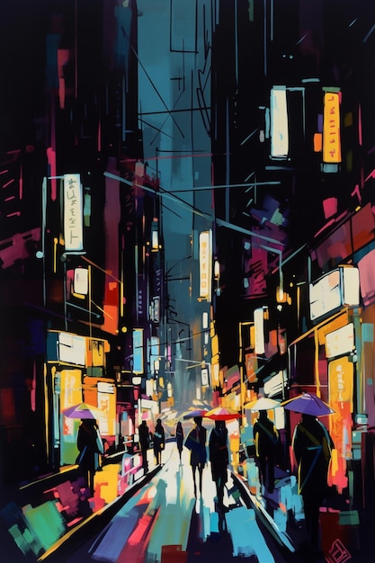 painting of people walking down a city street at night generative ai