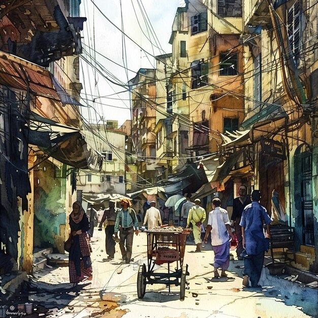 Photo a painting of people walking down a street with a cart in the middle