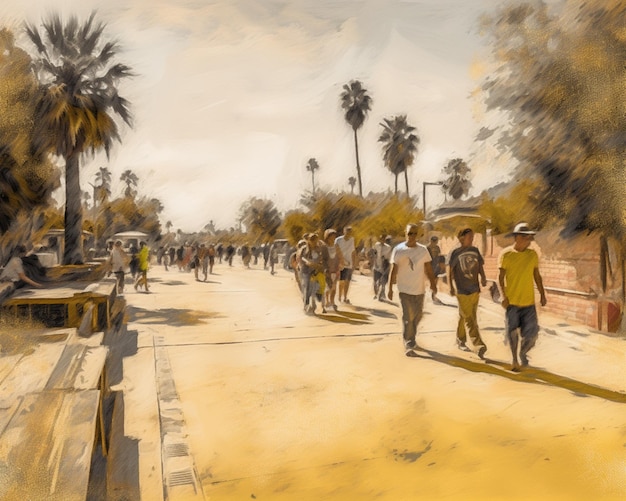 Photo a painting of people walking down a street with palm trees in the background.
