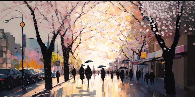 A painting of people walking down a street with umbrellas.