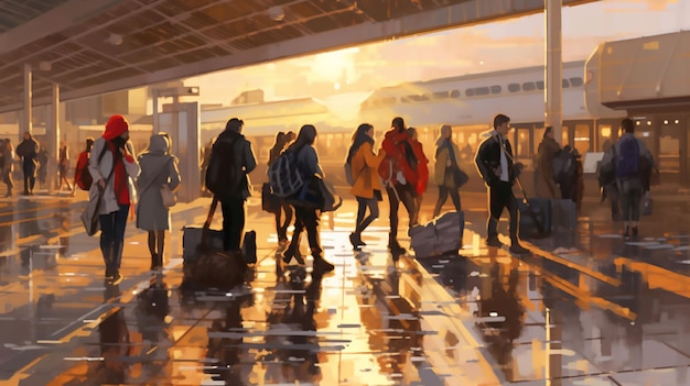 A painting of people walking in a line with luggage.
