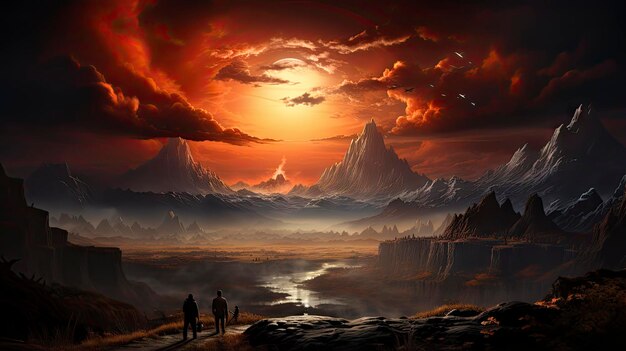 Photo a painting of people walking in a mountain landscape with a sunset in the background.