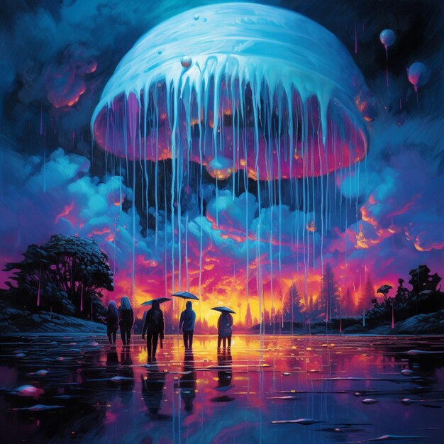 painting of people walking in the rain with umbrellas under a giant jelly generative ai