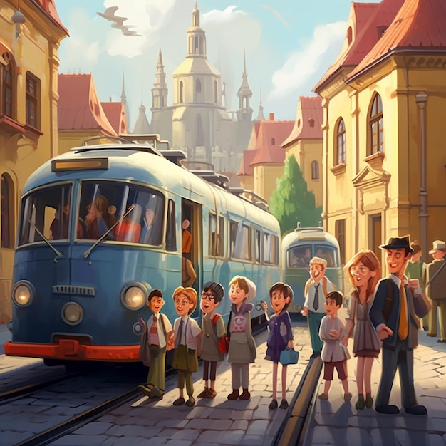 a painting of people walking on a street with a train in the background.