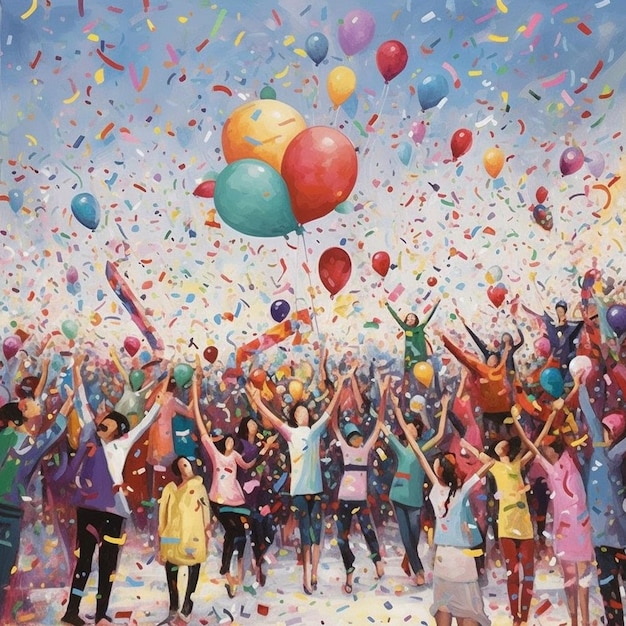 a painting of people with balloons and confetti on it