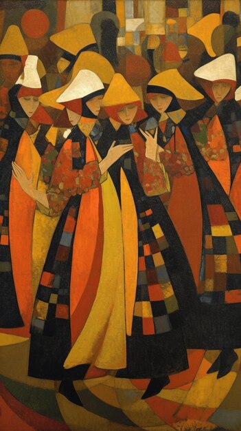 A painting of people with hats and the word love on it