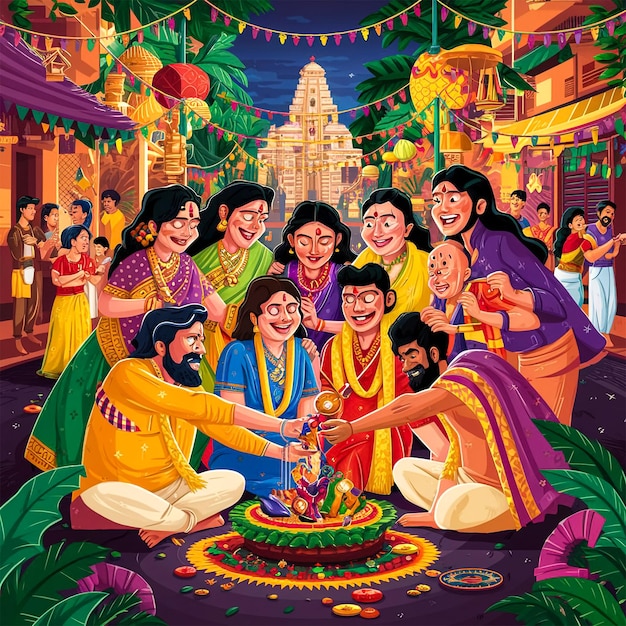 a painting of people with a picture of a temple and a temple in the background