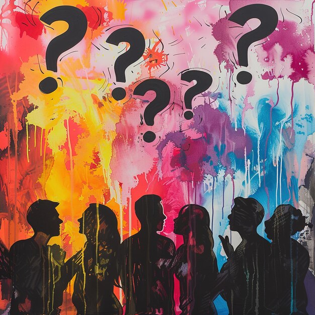 a painting of people with question marks on it