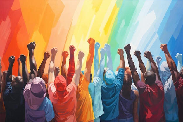 a painting of people with their arms raised in the air.
