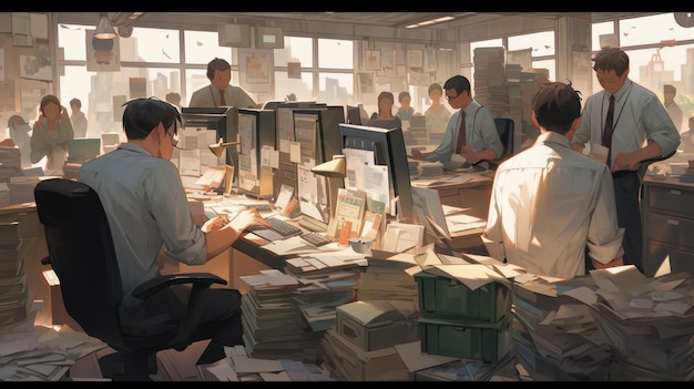 A painting of people working in an office with a lot of papers on it