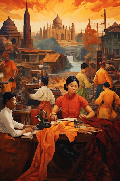 a painting of people working in a temple