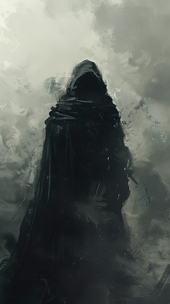 a painting of a person in a black robe with a white background