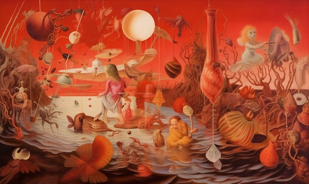 A painting of a person in a body of water with many different objects on it.