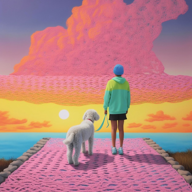 A painting of a person and a dog on a walkway