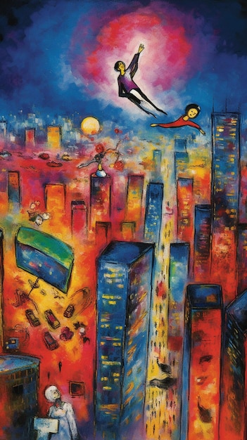 A painting of a person flying above a city with a city in the background.